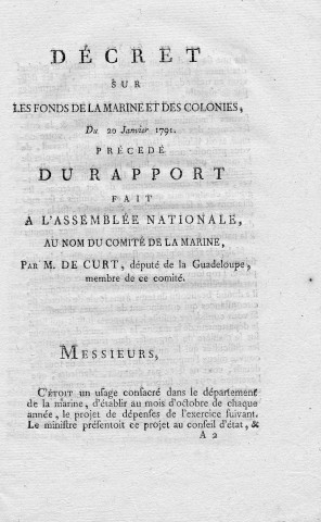 Finances : décret sur les fonds de la marine et des colonies, précédé du rapport fait à l'Assemblée nationale, au nom du Comité de la marine, par M. de Curt, député de la Guadeloupe, membre de ce comité