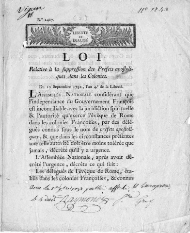 Loi relative à la suppression des préfets apostoliques dans les colonies