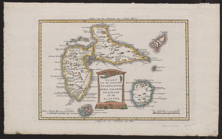 Kaart van de eilanden Guadeloupe, Maria Galante, Desirade en de Saintes. Carte de l'île de la Guadeloupe, de Marie-Galante, de la Désirade et des Saintes