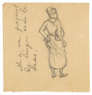 Femme coiffée d'une tête madras, paquet de vêtement sous le bras