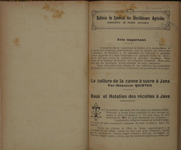 Bulletin du Syndicat des distillateurs agricoles (n° 12/1924)