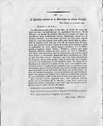 Ralliement de la Martinique à la République : lettres du ministre de la marine Monge au commandant Lacrosse