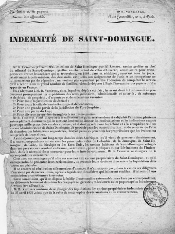 Communiqué relatif à l'indemnité de Saint-Domingue et modèle de procuration donnant à M. Barthélémy Vendreyes pouvoir de suivre auprès des autorités et administrations la liquidation de l'indemnité