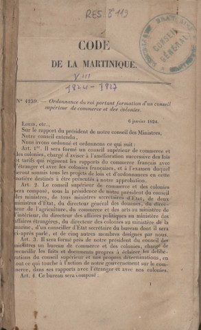 Code de la Martinique. tome VIII : [contenant les actes législatifs de la Colonie de 1824 à 1827 inclusivement]