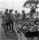 Fort-de-France, marché touristique. Marchande de produits artisanaux pour les touristes au pied de la statue d'Esnambuc près de la Savane