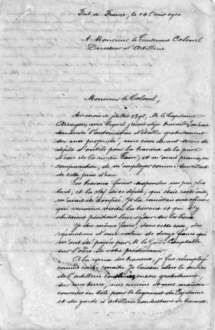 Poste de surveillant de la prise d'eau de la rivière l'Or. Contentieux entre la direction de l'Artillerie de la Martinique et M. Michel Vernest : correspondance