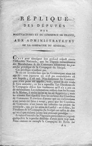 Réplique des députés des manufactures et du commerce de France, aux administrateurs de la Compagnie du Sénégal