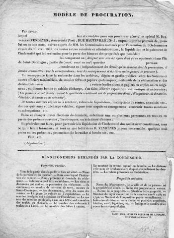 Communiqué relatif à l'indemnité de Saint-Domingue et modèle de procuration donnant à M. Barthélémy Vendreyes pouvoir de suivre auprès des autorités et administrations la liquidation de l'indemnité