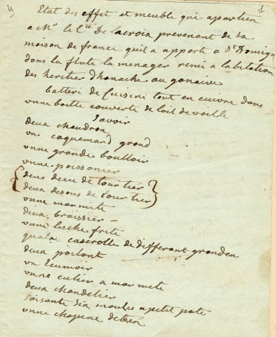 Documents concernant le comte de Lacroix. Inventaire des biens, appartenant au comte de Lacroix, transportés à Saint-Domingue