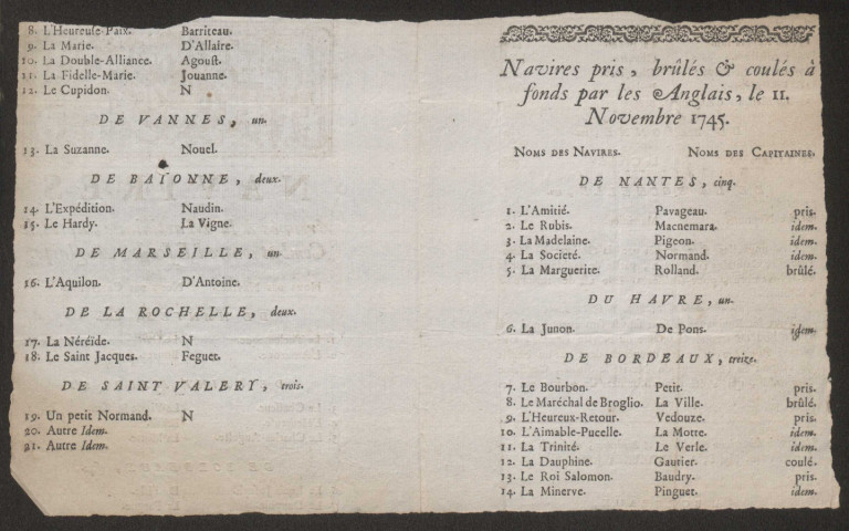 Imprimés annonçant les mouvements de la flotte entre Brest et la Martinique