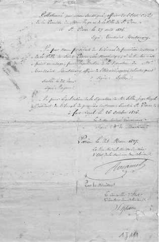 Décès du sieur Petit François Augustin, fusilier au 1er régiment de la marine, décédé à l'hôpital maritime de Saint-Pierre le 27 août 1836 : certificat de décès et lettre