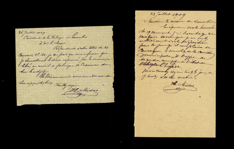 Correspondance de l'abbé Saint Aude et de son prédécesseur relative aux réparations de l'église : devis estimatif, factures, plans du beffroi et du dallage (1875-1910), aux titres de propriétés du cimetière (1898-1899), à la chapelle de Notre-Dame des Victoires (1894)