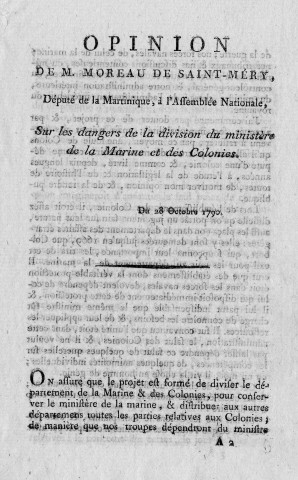 Réorganisation du ministère de la marine. Opinion de M. Moreau de Saint-Méry sur les dangers de la division du ministère de la marine et des colonies