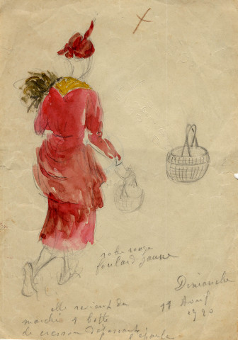 Femme, revenant du marché, légumes et panier à la main