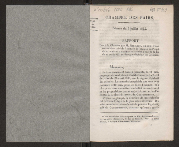 Chambre des pairs. Séance du 3 juillet 1844. Rapport fait à la Chambre par M. Mérilhou, au nom d'une commission spéciale chargée