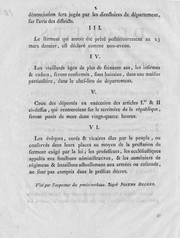 Déportation en Guyane des prêtres réfractaires émigrés : décret de la Convention nationale des 21 et 23 avril 1793, portant que les ecclésiastiques séculiers et réguliers, frères convers et lais, qui n'ont pas prêté le serment de maintenir la liberté et l'égalité, seront transférés à la Guyane française. Décret de la Convention nationale du 26 avril 1793, portant que les émigrés ne doivent en aucun cas être jugés par des jurés