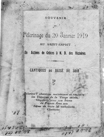 Pèlerinage du 20 janvier 1919 au Saint-Esprit : cantique en action de grâce à Notre Dame des Victoires