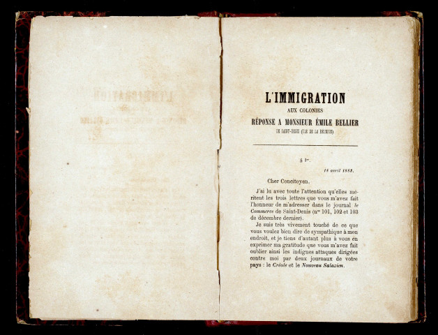 L'immigration aux colonies : réponse à M, Emile Bellier, suivie de ses lettres à M, Victor Schoelcher (extrait du Moniteur des Colonies)