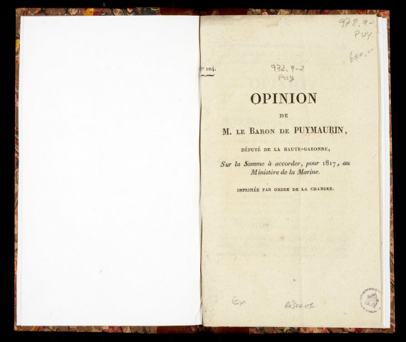 Opinion de M. le Baron de Puymaurin, député de la Haute-Garonne, sur la somme à accorder, pour 1817, au ministère de la Marine