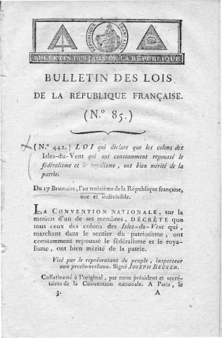 Bulletin des lois de la République française n° 85, an III