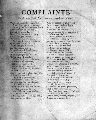 Martinique. Tremblement de terre du mois d'août 1766 : récit suivi d'une complainte