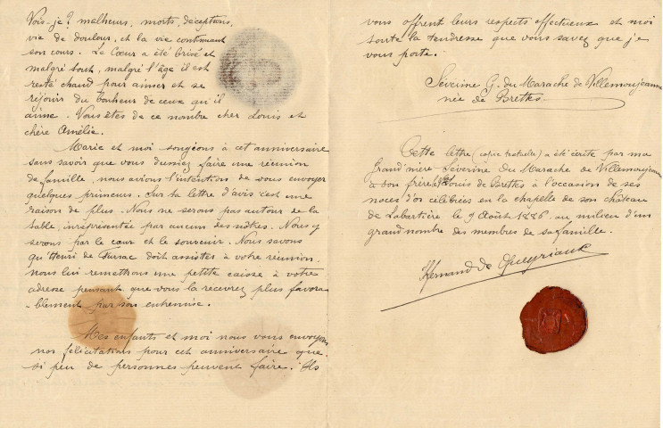Famille de Brettes. Une lettre datée du 7 août 1886 "cher Louis et chère Amélie" adressée par Séverine à son frère, Louis de Brettes, à l'occasion de ses noces d'or