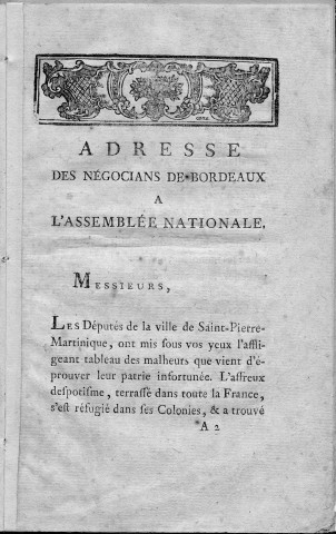 Adresse des négociants de Bordeaux à l'Assemblée nationale en faveur des habitants de Saint-Pierre