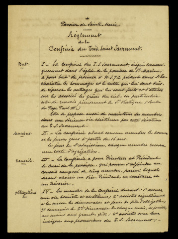 Règlement de la Confrérie du Très Saint Sacrement