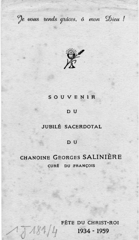 Carte-souvenir du jubilé sacerdotal du chanoine Georges Salinière, curé du François