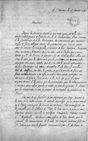 Contre-révolution. Evénements politiques et militaires survenus à la Martinique, à la Guadeloupe, à Saint-Domingue et dans la mer caraïbe : lettre de Behague