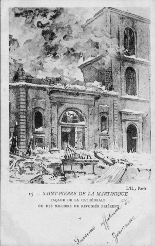 Saint-Pierre de la Martinique. Façade de la cathédrale où des milliers de réfugiés prièrent