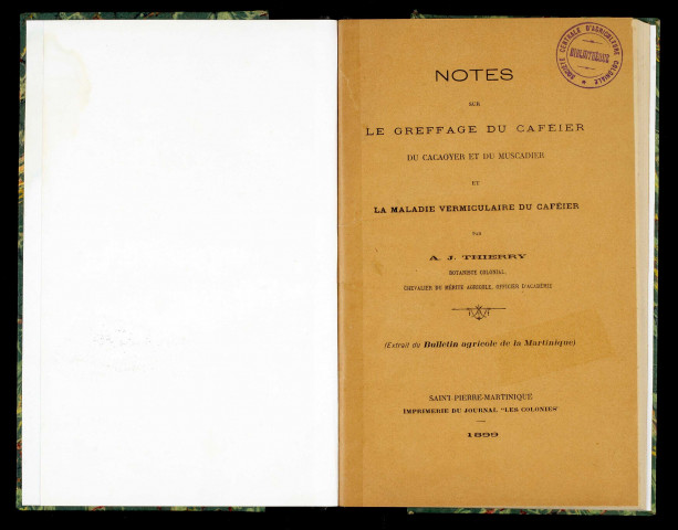 Notes sur le greffage du caféier, du cacaoyer et du muscadier et la maladie vermiculaire du caféier