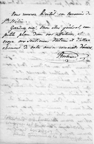 Général Bertrand (compagnon de l'Empereur à Sainte-Hélène) : lettre au général Donzelot, ancien gouverneur de la Martinique
