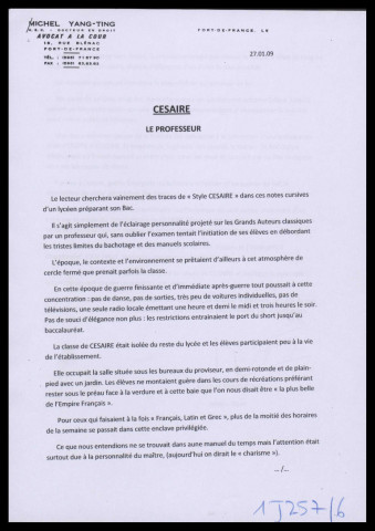 Cours de littérature dispensés par Aimé Césaire au lycée Schoelcher. Note de Michel Yang-Ting sur le contexte, le déroulement et l'ambiance d'un cours