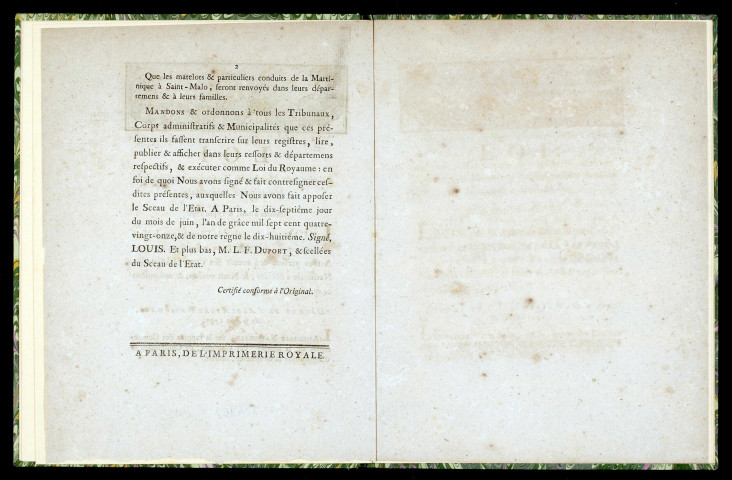 Loi relative aux matelots & particuliers conduits de la Martinique à Saint-Malo