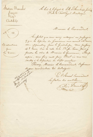 Ordre de mission adressé par le contre-amiral, commandant de la station navale des Antilles, au commandant du Tarn