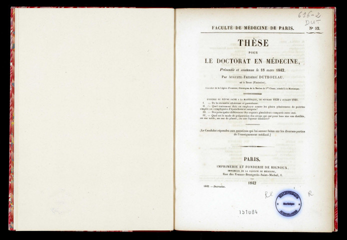 Epidémie de fièvre jaune à la Martinique : de Février 1839 à Juillet 1841