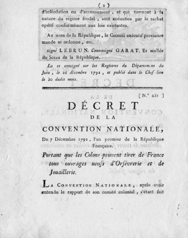 Orfèvrerie et joaillerie : décret n°231 de la Convention nationale portant que les colons peuvent faire sortir de France tous ouvrages neufs