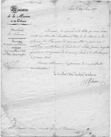 Décès du sieur Petit François Augustin, fusilier au 1er régiment de la marine, décédé à l'hôpital maritime de Saint-Pierre le 27 août 1836 : certificat de décès et lettre