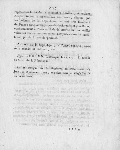 Orfèvrerie et joaillerie : décret n°231 de la Convention nationale portant que les colons peuvent faire sortir de France tous ouvrages neufs