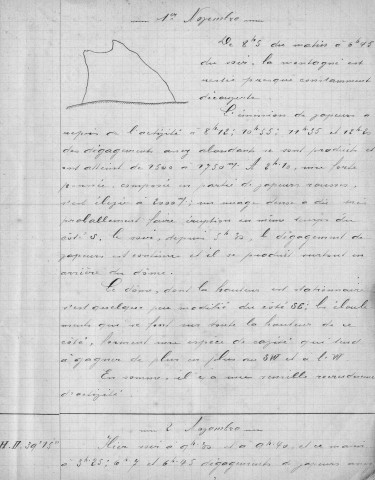 « Relevé des observations volcaniques faites au poste d'Assier » du 1er novembre 1903 au 4 avril 1904, avec croquis et relevé topographique par l'abbé Bidou, curé de Saint-Christophe