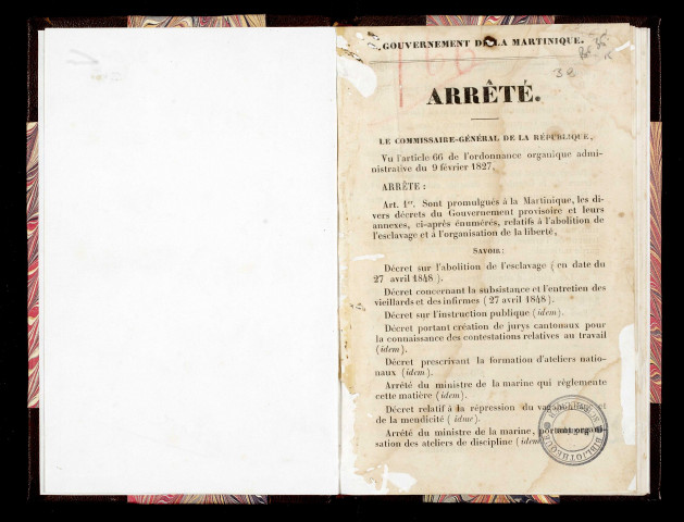 Arrêté [promulgant] à la Martinique, les divers décrets du Gouvernement provisoire et leurs annexes, ci-après énumérés, relatifs à l'abolition de l'esclavage et à l'organisation de la liberté. [Fait à Fort-de-France, le 4 juin 1848]