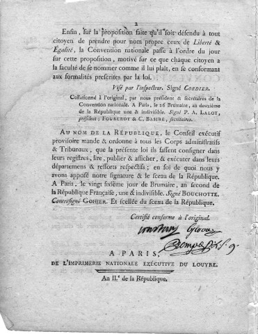 Décret n°1884 de la Convention nationale relatif à la faculté qu'ont tous les citoyens de se nommer comme il leur plaît, en se conformant aux formalités prescrites par la loi