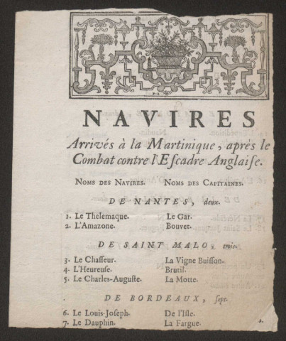 Imprimés annonçant les mouvements de la flotte entre Brest et la Martinique