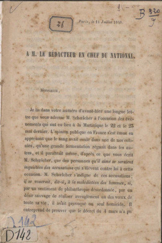 « A M. le rédacteur en chef du National ». Réponse au récit de M. Schoelcher sur les événements de la Martinique et l'abolition de l'esclavage