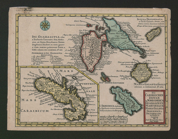 Die Caribischen Insuln in Nord America Guadeloupe, Martinique, Maria Galanta, Dominique, Desiderade. Carte des îles de la Martinique, Guadeloupe, Maria Galante, Dominique, Désirade