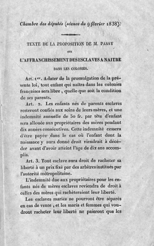 Observations de M. Conil sur la proposition de M. de Passy relative à l'affranchissement des esclaves qui naîtront à l'avenir aux colonies françaises