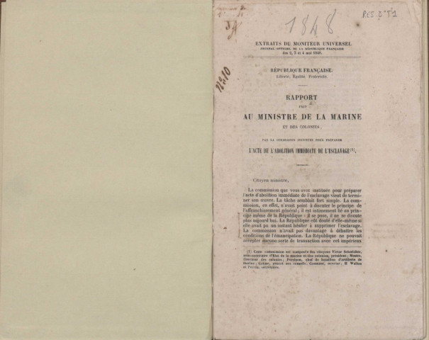 Rapport fait au ministre de la Marine et des Colonies, par la Commission instituée pour préparer l’acte de l’abolition immédiate de l’esclavage