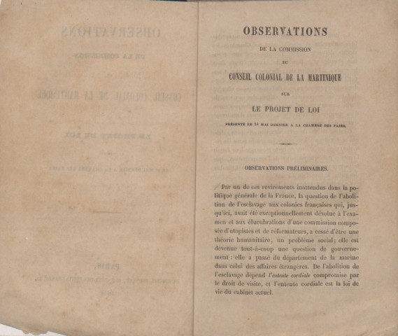 Observations de la commission du Conseil Colonial de la Martinique sur le projet de loi présenté le 14 mai dernier à la Chambre des Pairs