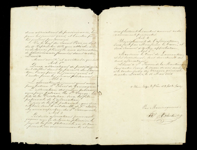 Associations de la persévérance. Erection de deux associations par Mgr Leherpeur (1854) : ordonnance, transfert de la fête patronale des associations de la fête de la Visitation à la fête de la Nativité lettre de l’administrateur du diocèse Prudent Guesdon (1863)